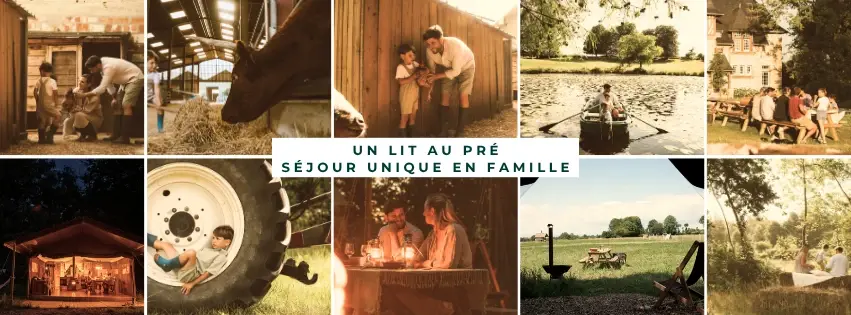Mix de photo lors d'un séjour glamping a la ferme de fontenille et egalement un texte qui précise qu'il s'agit de séjour unique en famille