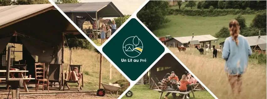 4 photos illustrant un séjour atypique en famille proposé par Lit au Pré, avec un écolodge et la découverte des animaux.